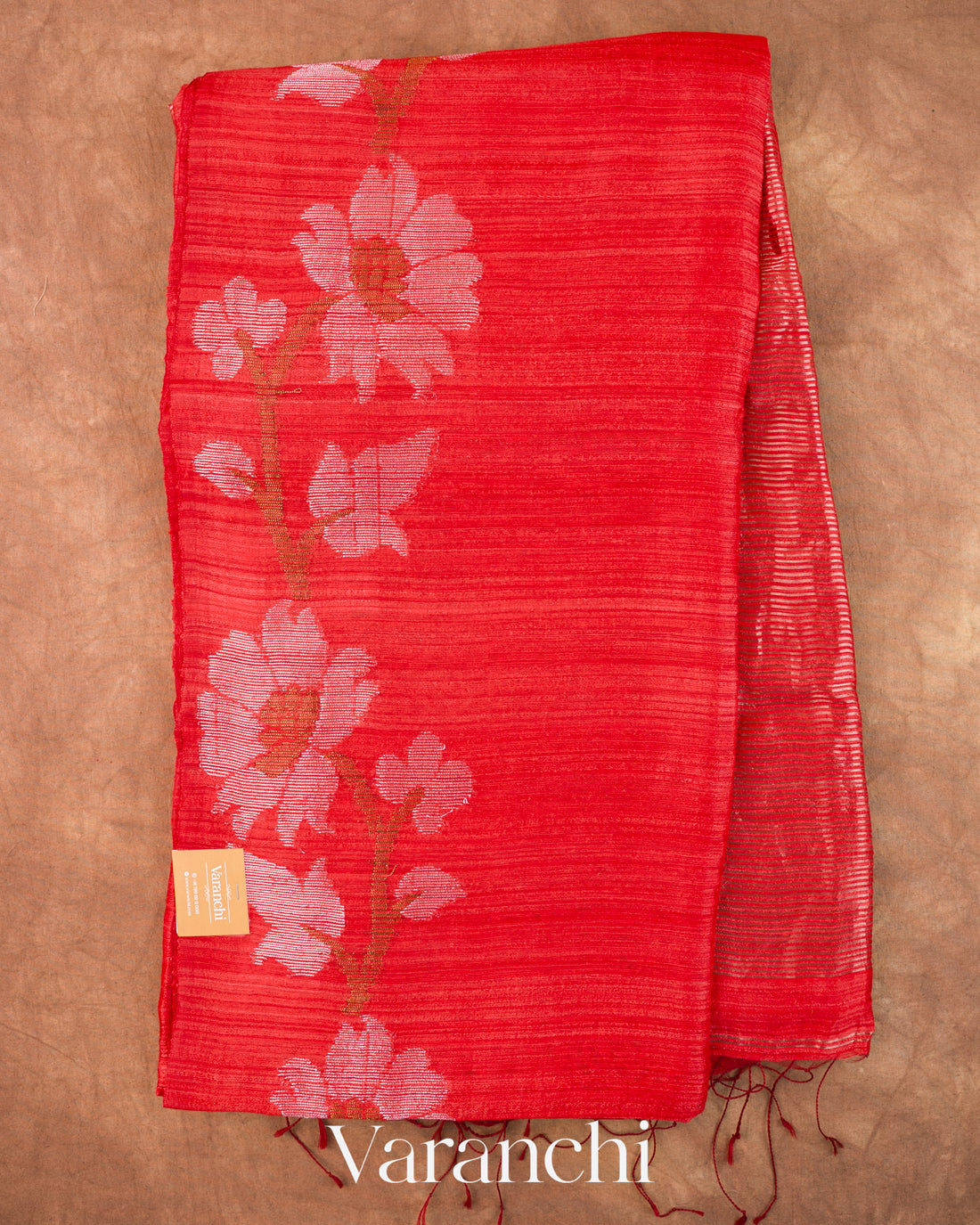 Tulip Red Floral Jamdani Pure Matka Silk Handloom Saree