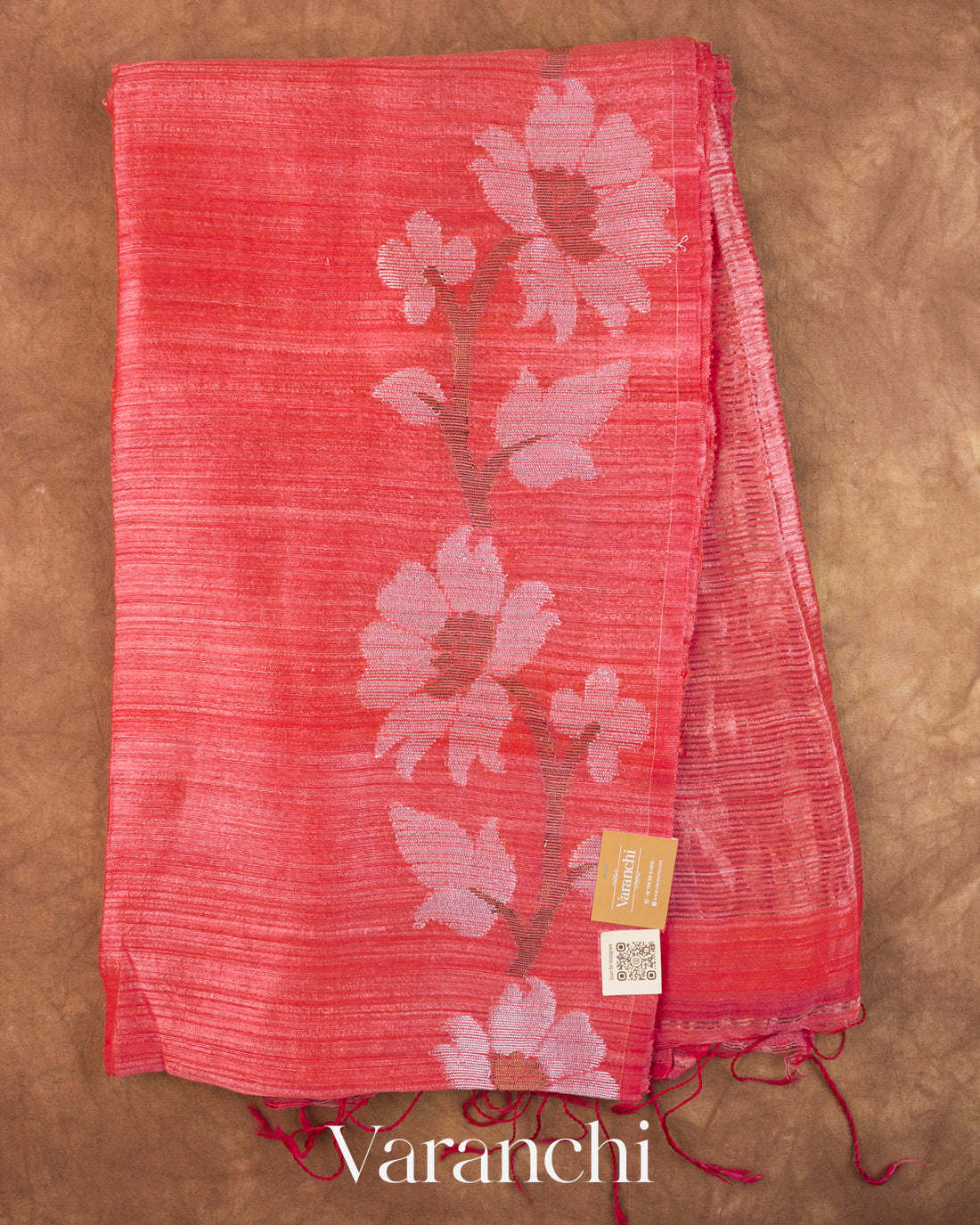 Coral Red Floral Jamdani Pure Matka Silk Handloom Saree