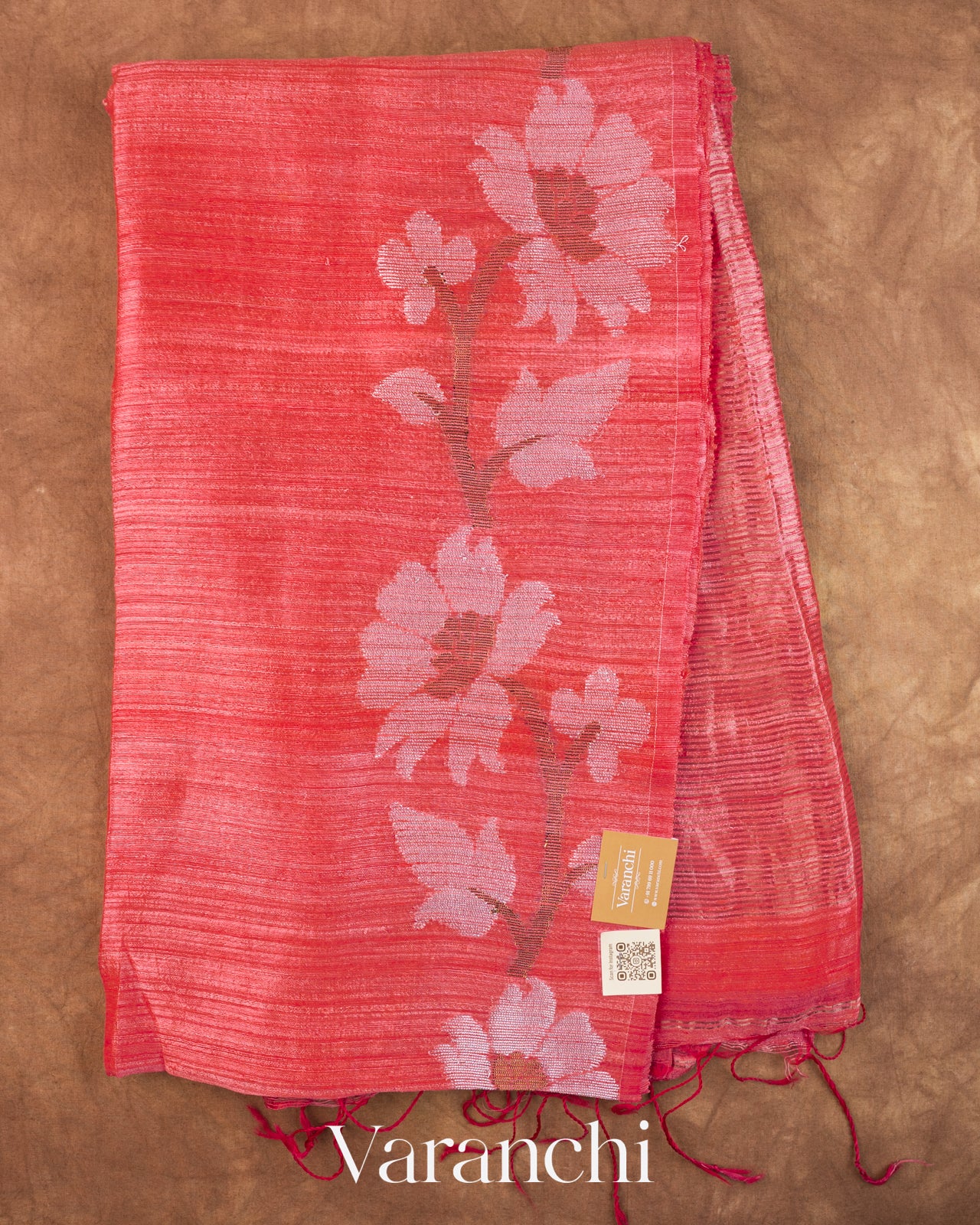Coral Red Floral Jamdani Pure Matka Silk Handloom Saree