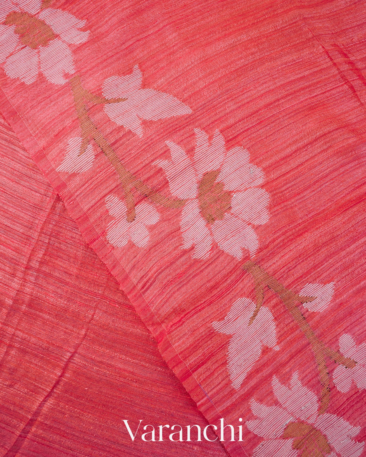 Coral Red Floral Jamdani Pure Matka Silk Handloom Saree