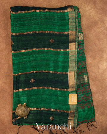 Bottle Green Striped Jamdani Pure Matka Silk Handloom Saree