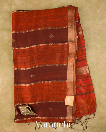 Rust Orange Striped Jamdani Pure Matka Silk Handloom Saree