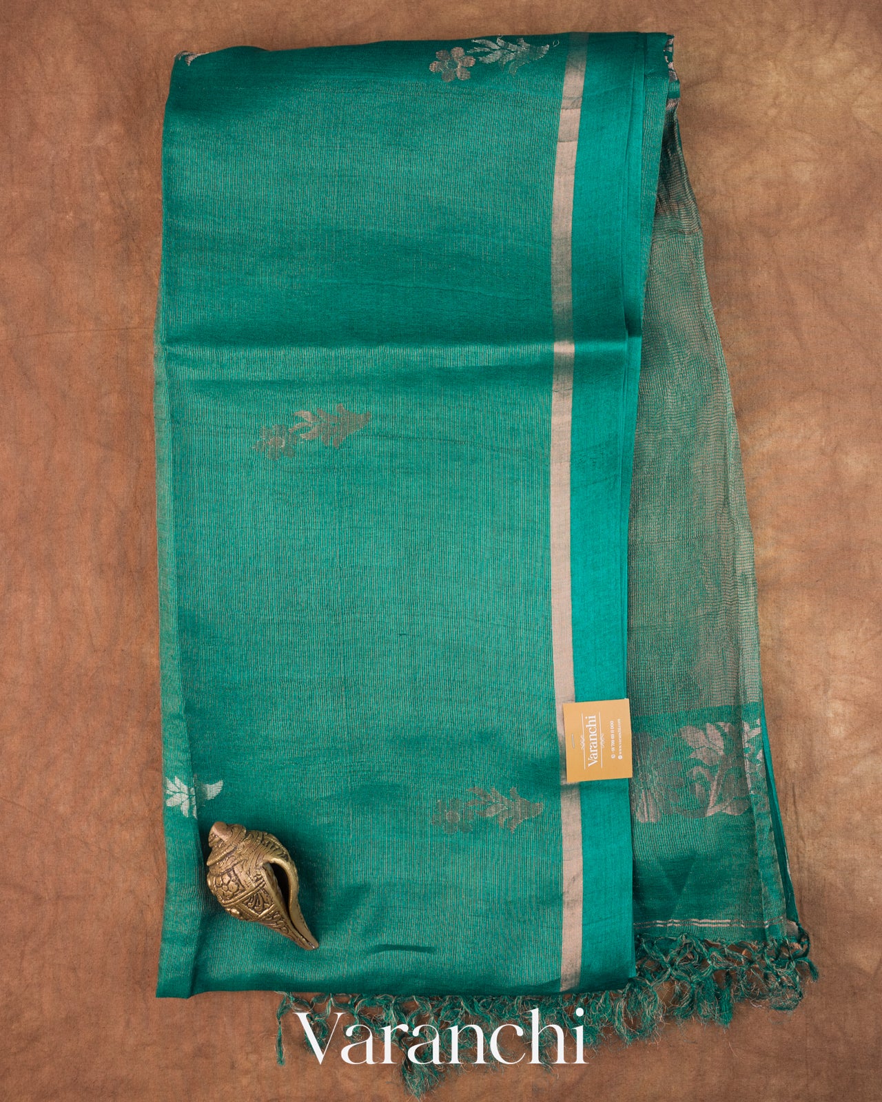 Teal Blue Jamdani Pure Tussar Tissue Silk Handloom Saree