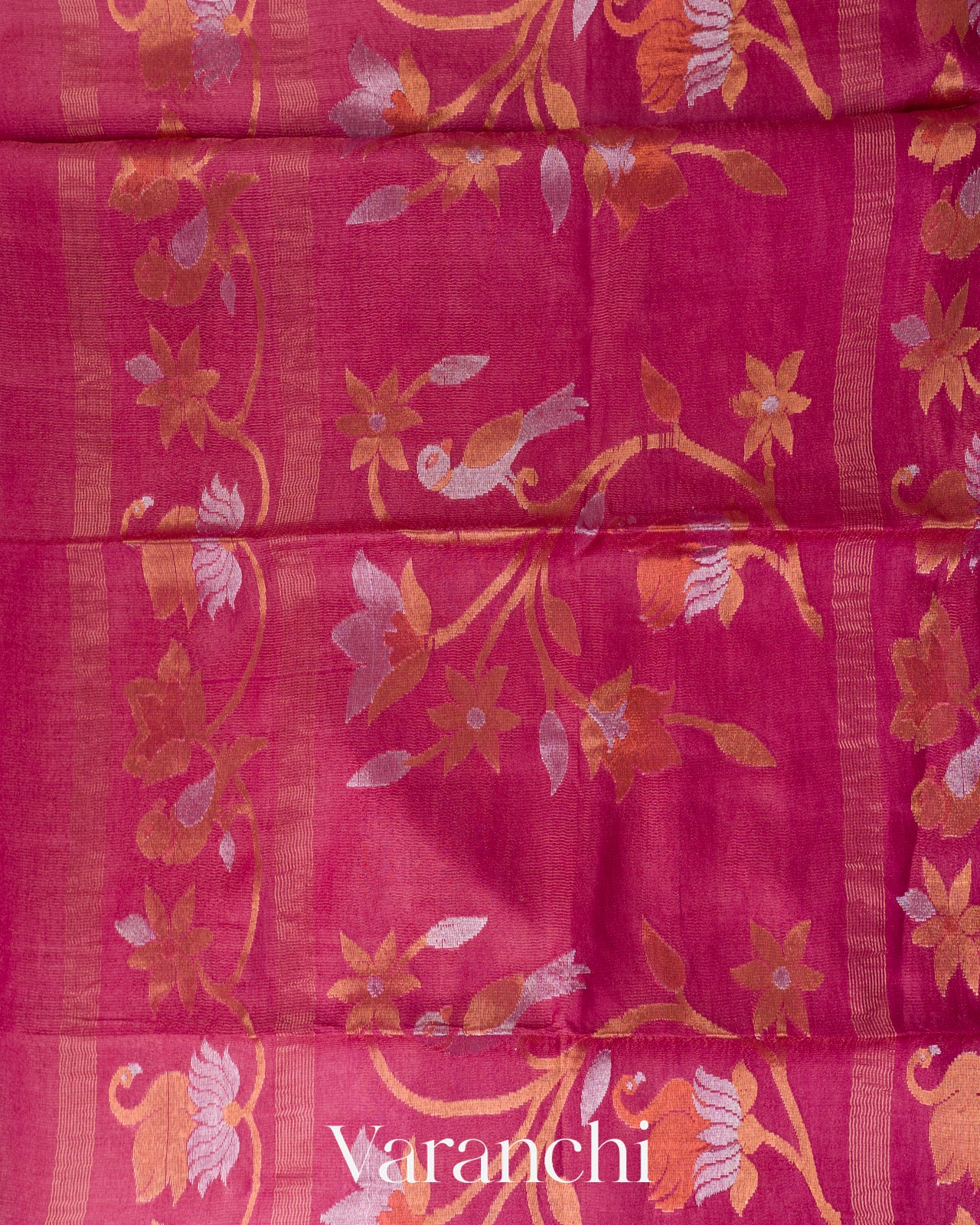 Magenta Jamdani Pure Tussar Tissue Silk Handloom Saree