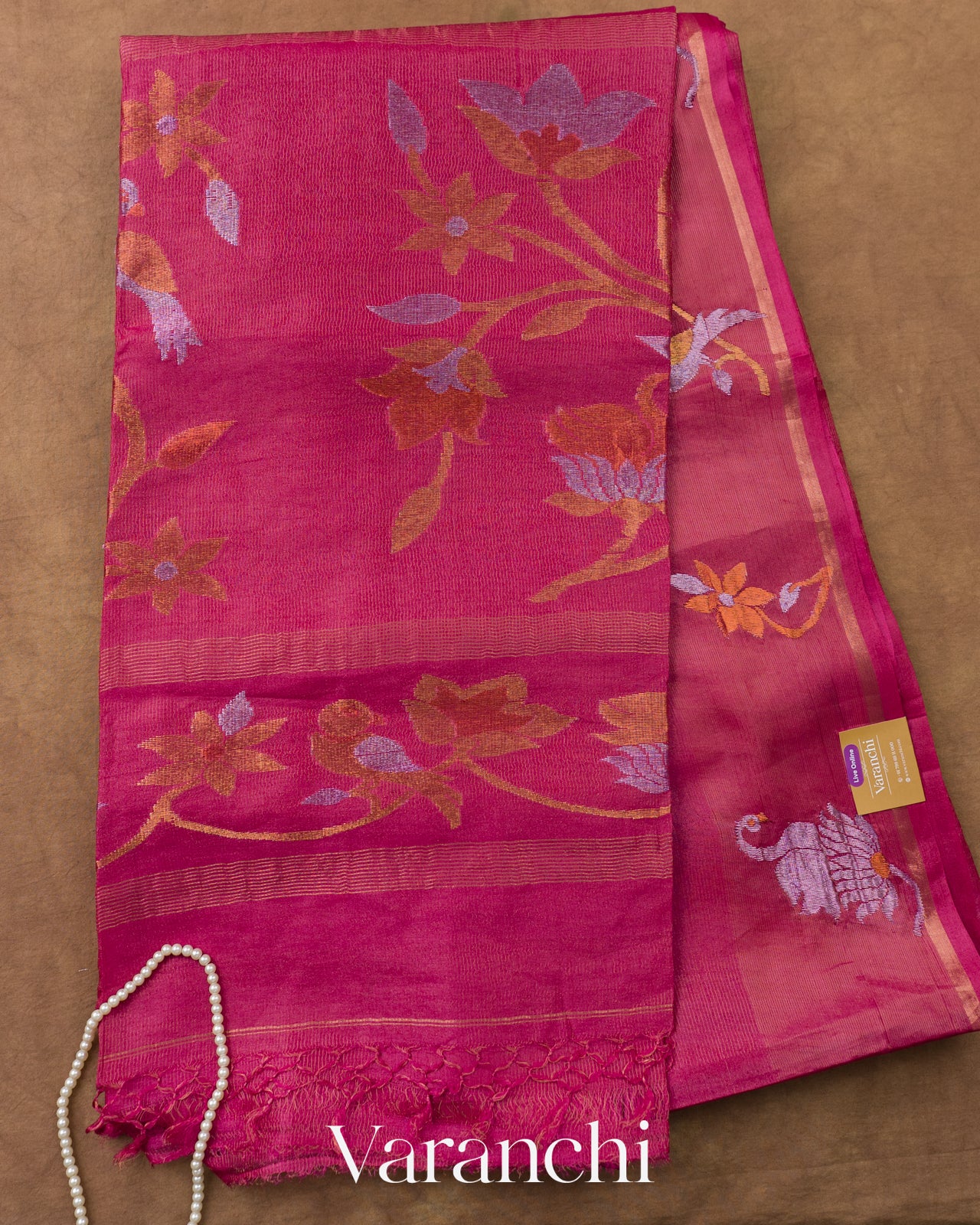 Magenta Jamdani Pure Tussar Tissue Silk Handloom Saree