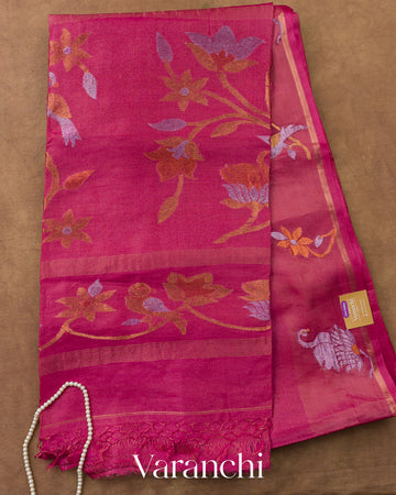 Magenta Jamdani Pure Tussar Tissue Silk Handloom Saree