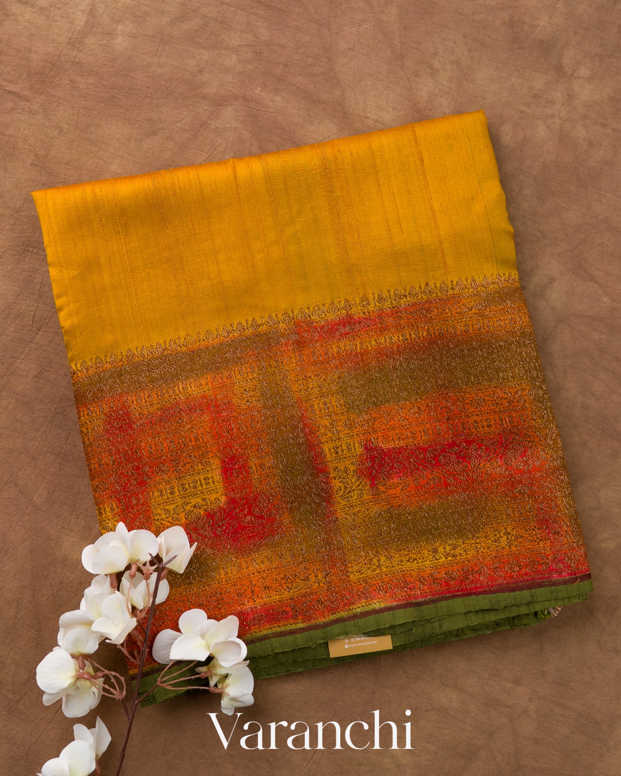 Mustard Yellow Hand Brushed Pure Raw Silk Handloom Saree