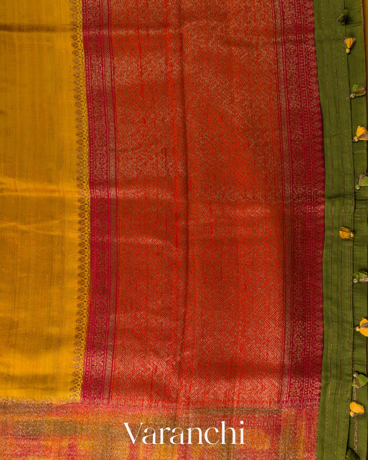 Mustard Yellow Hand Brushed Pure Raw Silk Handloom Saree