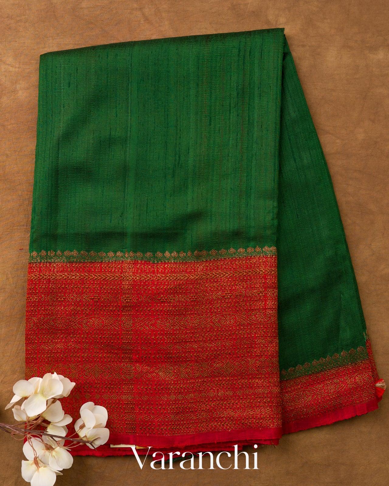 Emerald Green Contrast Border Pure Raw Silk Handloom Saree