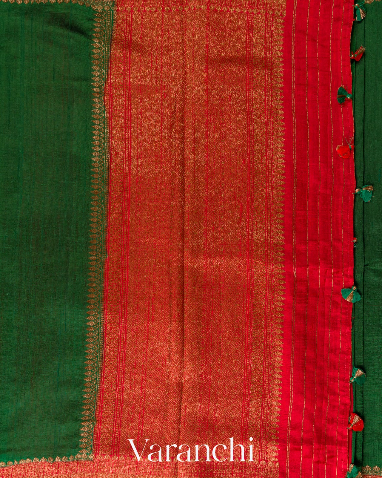Emerald Green Contrast Border Pure Raw Silk Handloom Saree