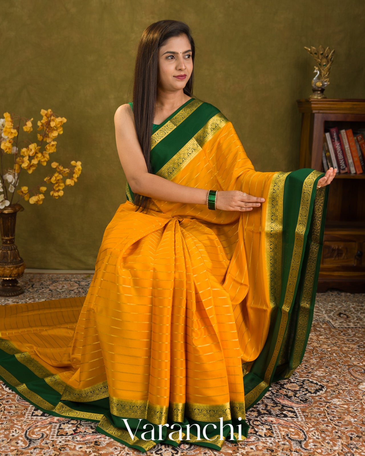 Marigold Orange Striped Pure Mysore Crepe Silk Saree