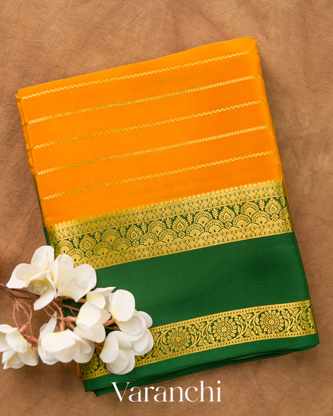 Marigold Orange Striped Pure Mysore Crepe Silk Saree