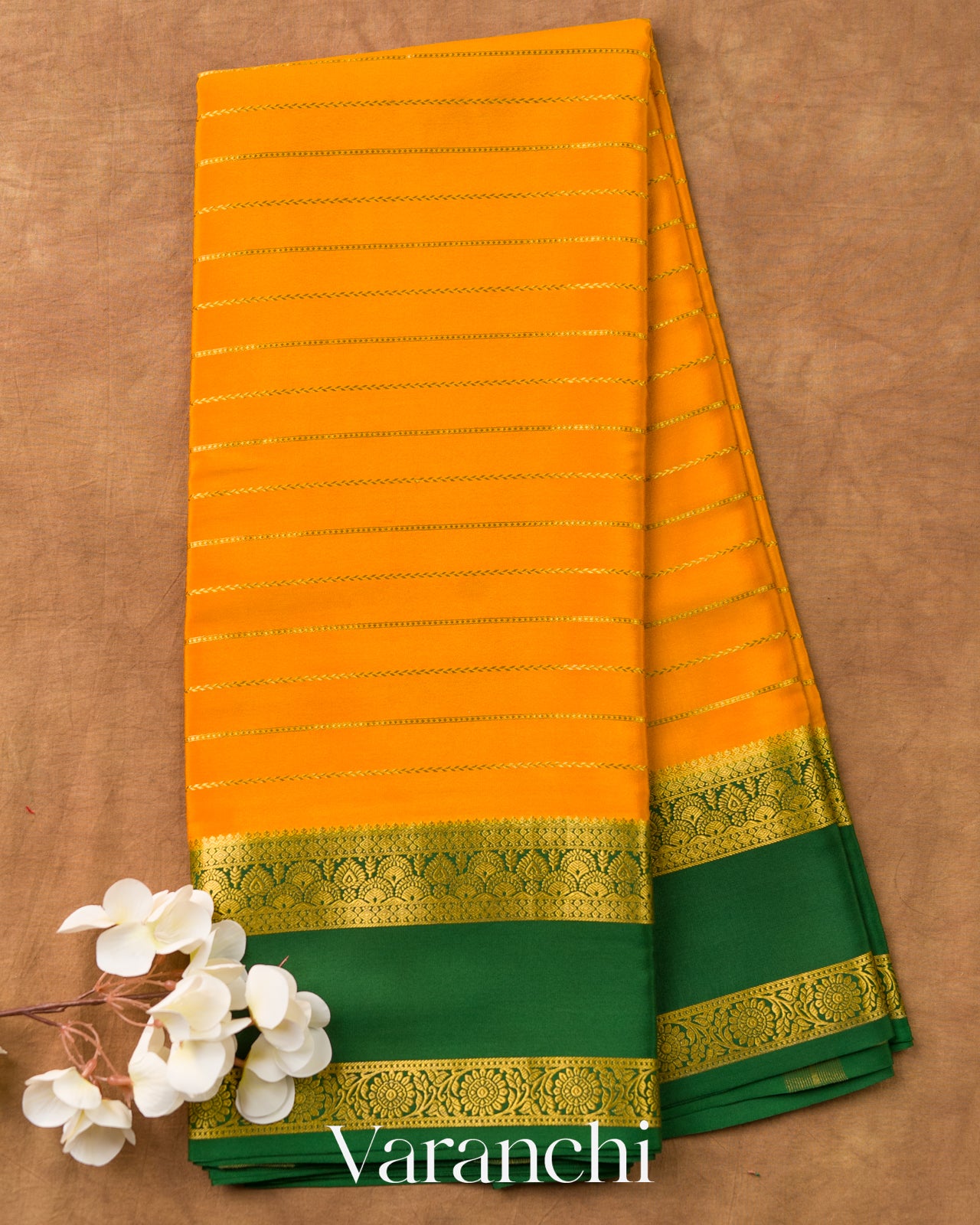 Marigold Orange Striped Pure Mysore Crepe Silk Saree