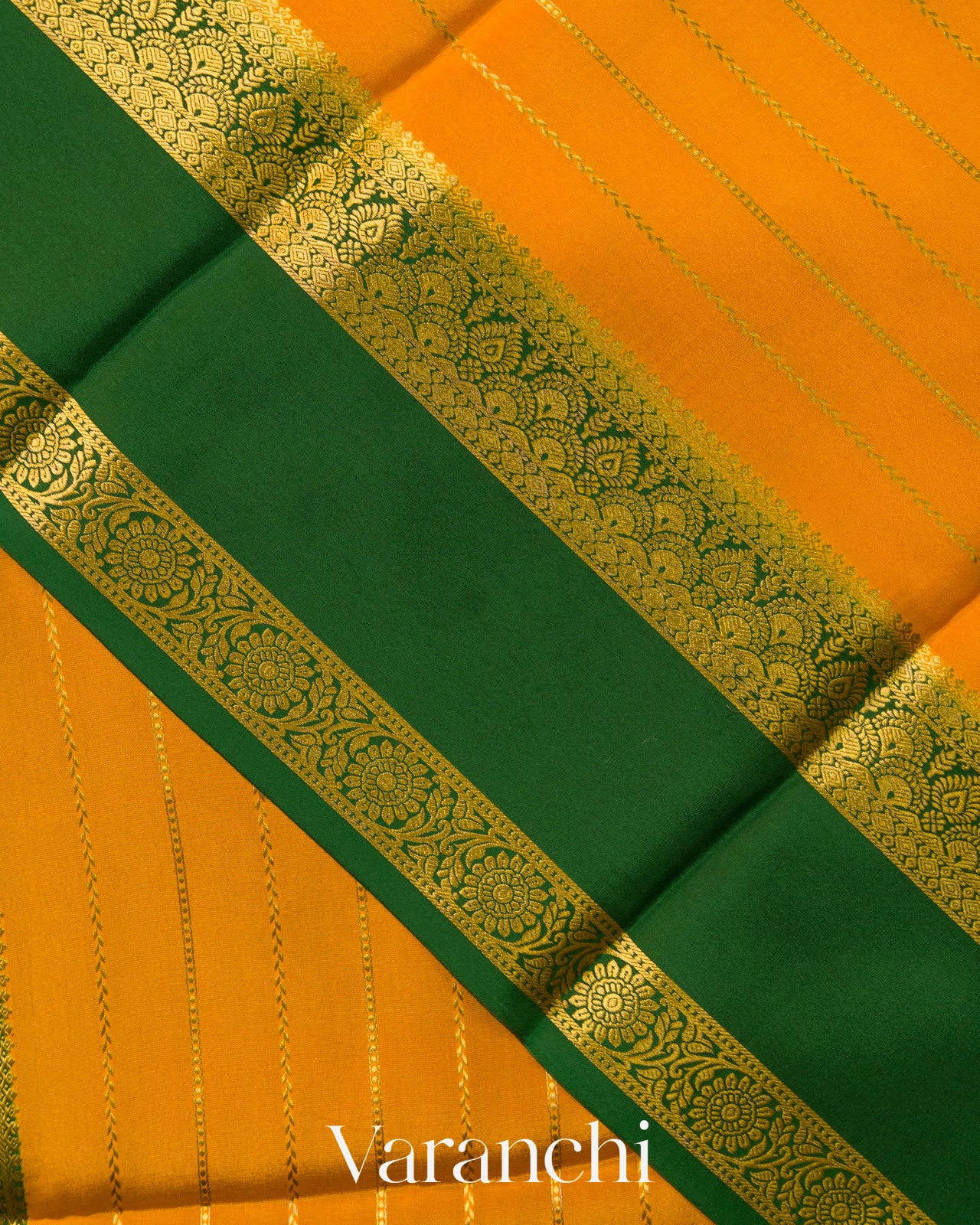Marigold Orange Striped Pure Mysore Crepe Silk Saree