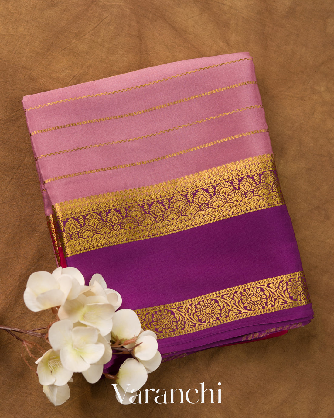 Baby Pink Striped Pure Mysore Crepe Silk Saree