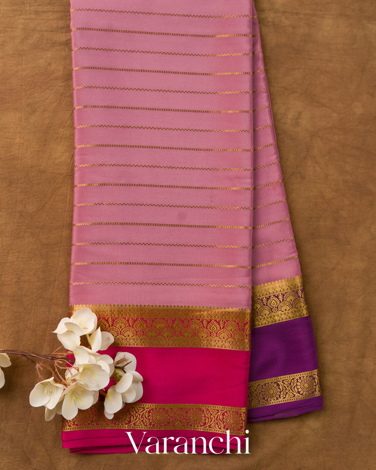 Baby Pink Striped Pure Mysore Crepe Silk Saree