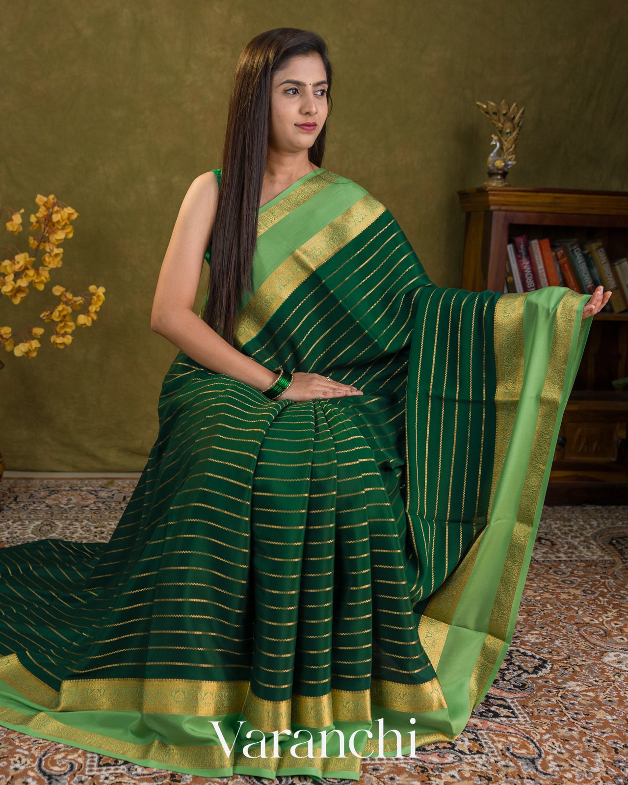 Bottle Green Striped Pure Mysore Crepe Silk Saree
