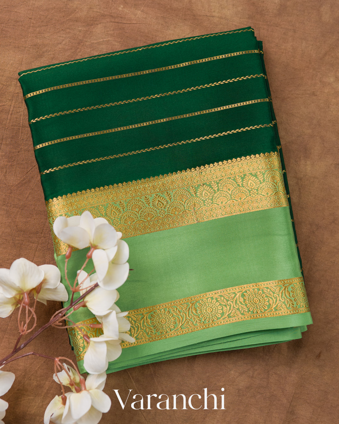Bottle Green Striped Pure Mysore Crepe Silk Saree