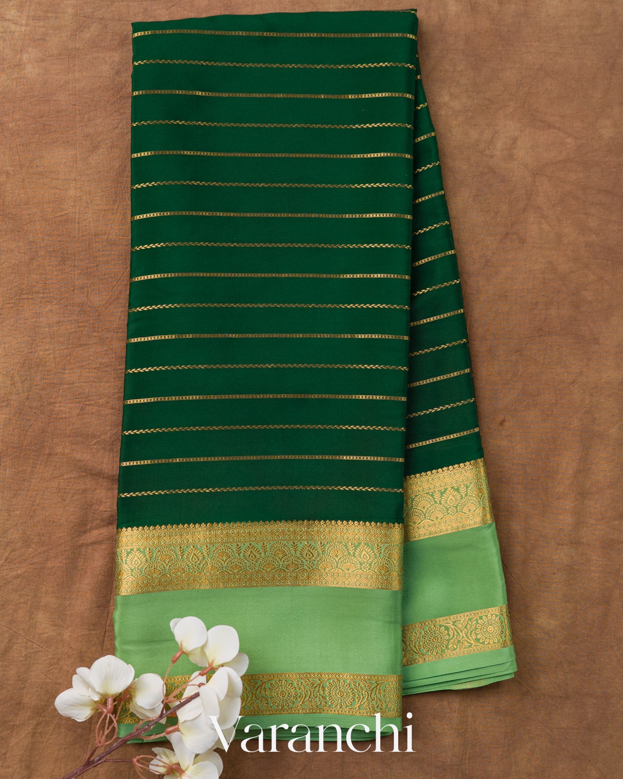 Bottle Green Striped Pure Mysore Crepe Silk Saree