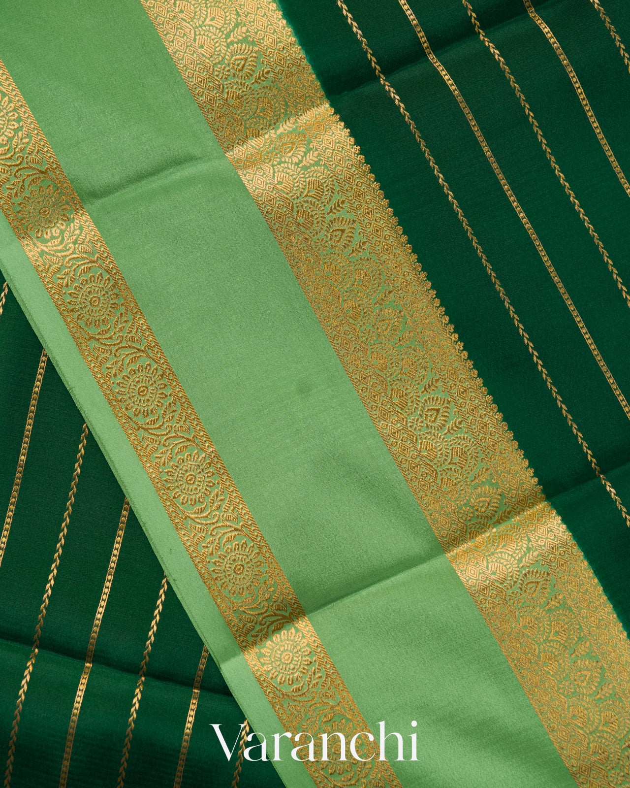 Bottle Green Striped Pure Mysore Crepe Silk Saree