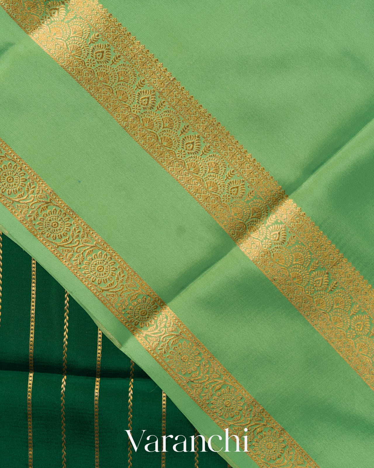 Bottle Green Striped Pure Mysore Crepe Silk Saree