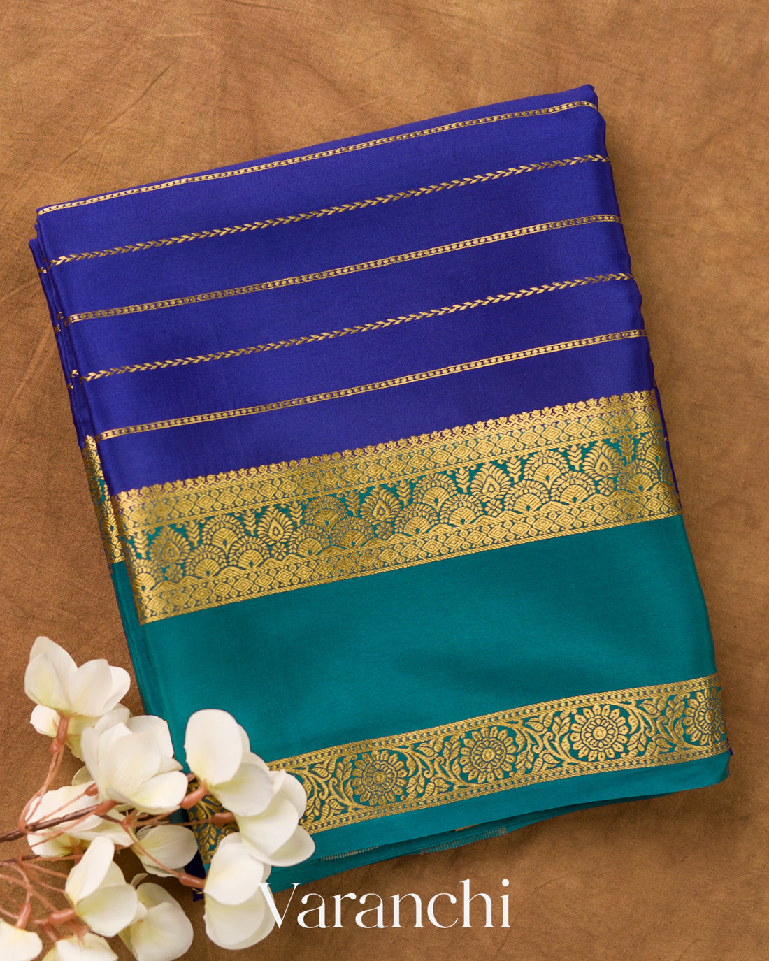 Royal Blue Striped Pure Mysore Crepe Silk Saree
