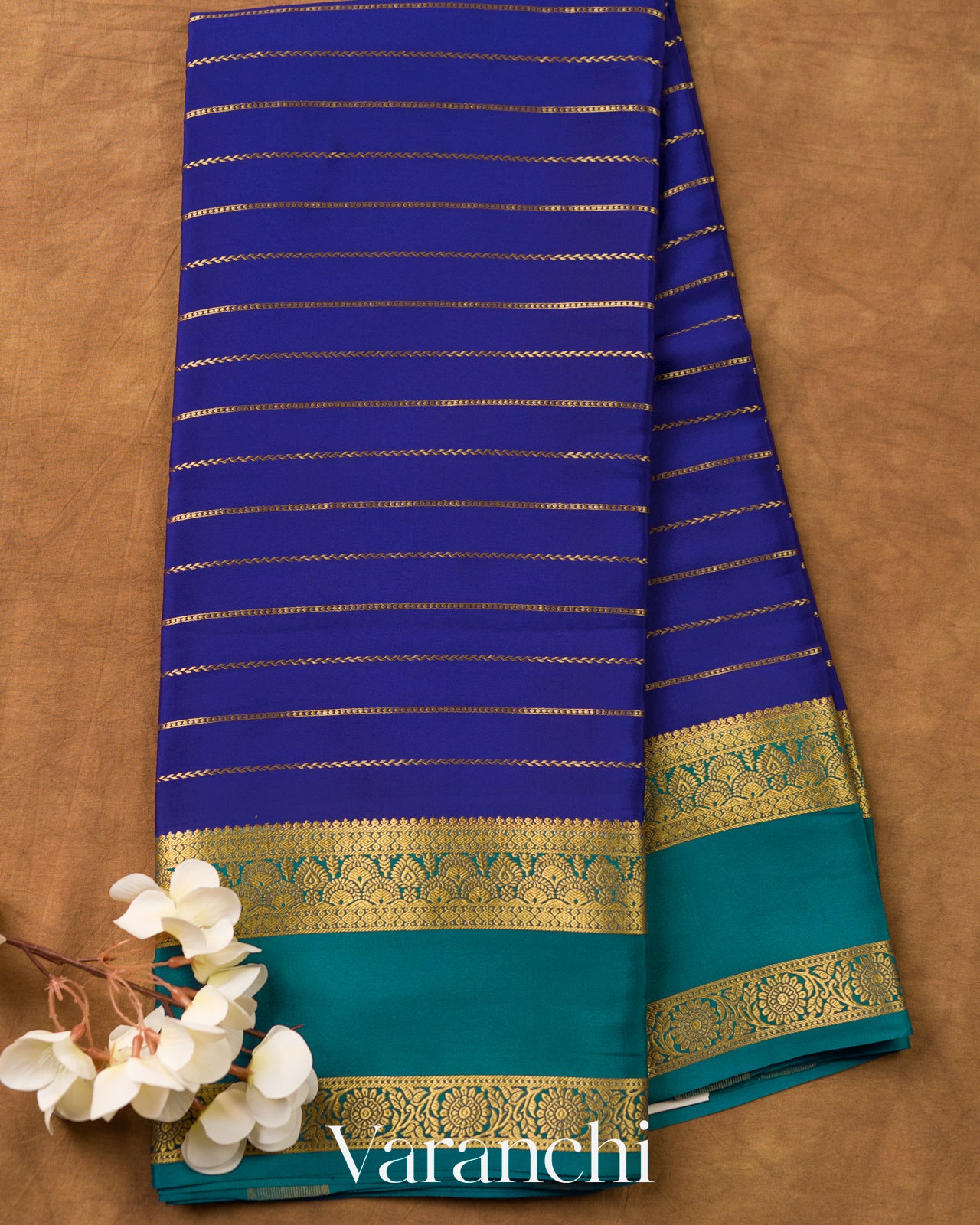 Royal Blue Striped Pure Mysore Crepe Silk Saree