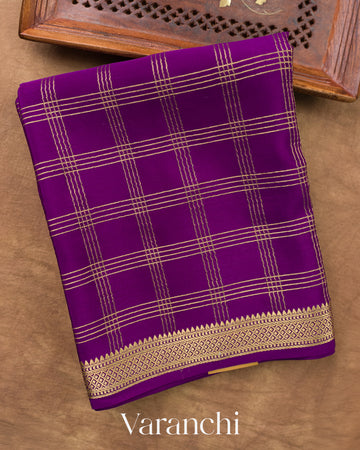 Purple Checkered Pure Mysore Crepe Silk Saree