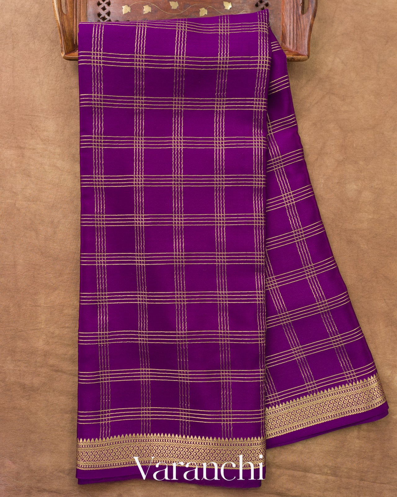 Purple Checkered Pure Mysore Crepe Silk Saree
