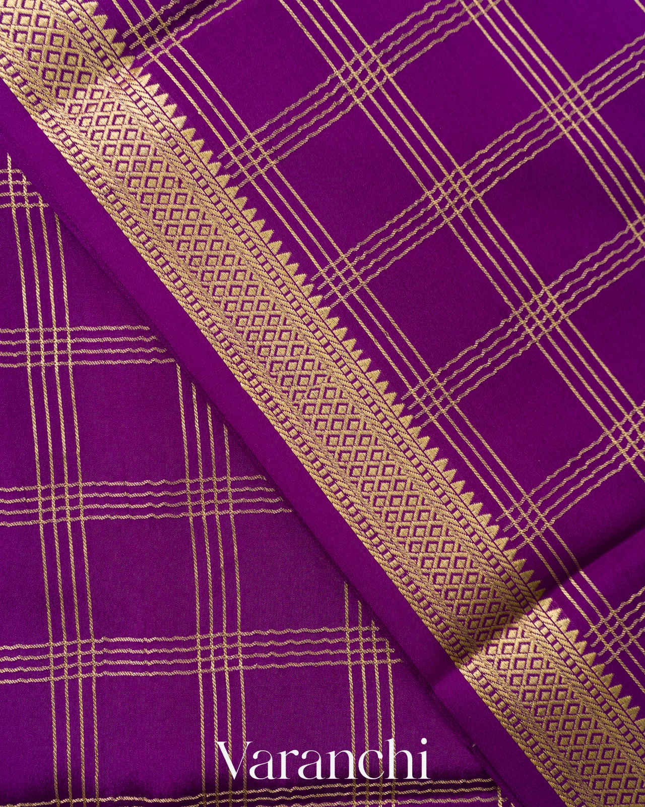 Purple Checkered Pure Mysore Crepe Silk Saree