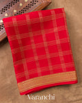 Bright Red Checkered Pure Mysore Crepe Silk Saree
