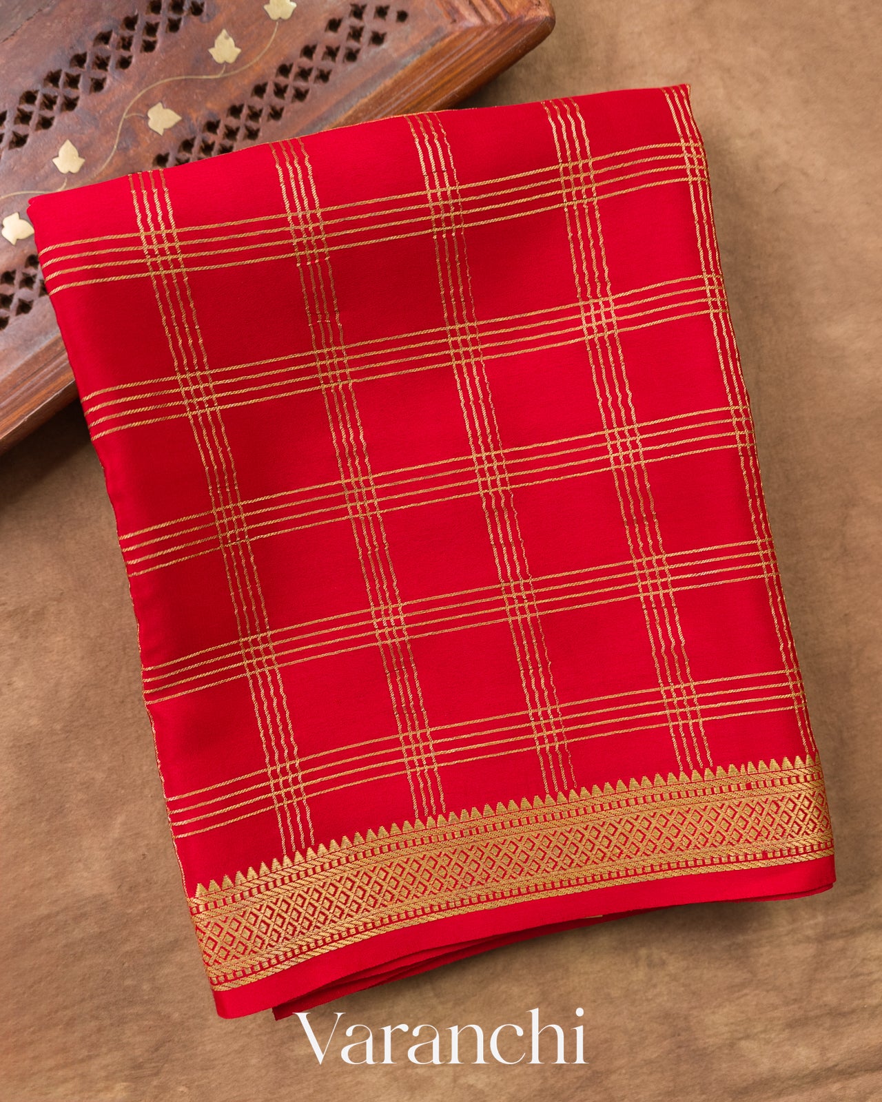 Bright Red Checkered Pure Mysore Crepe Silk Saree