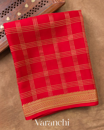 Bright Red Checkered Pure Mysore Crepe Silk Saree