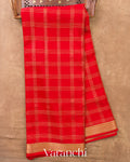 Bright Red Checkered Pure Mysore Crepe Silk Saree