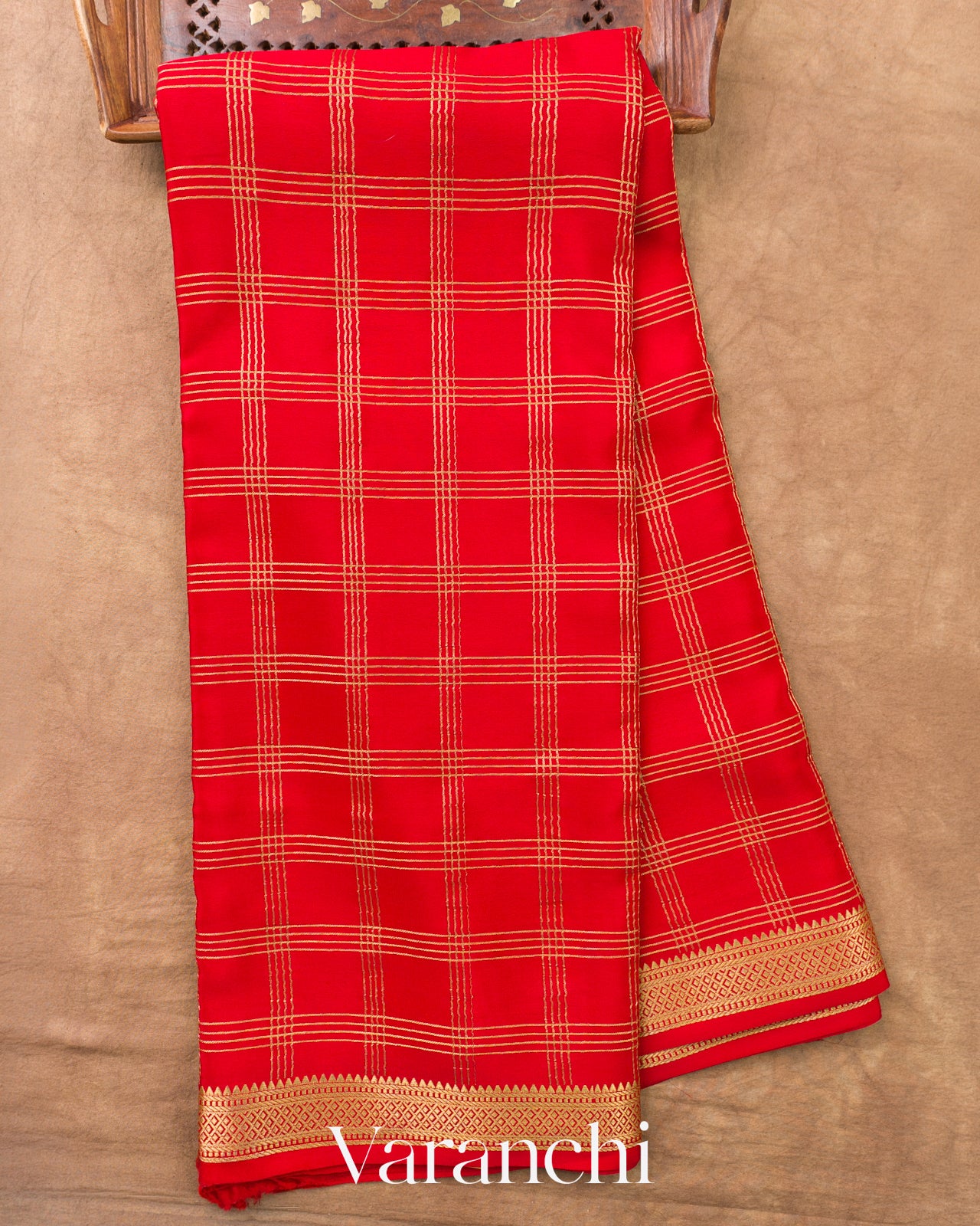 Bright Red Checkered Pure Mysore Crepe Silk Saree