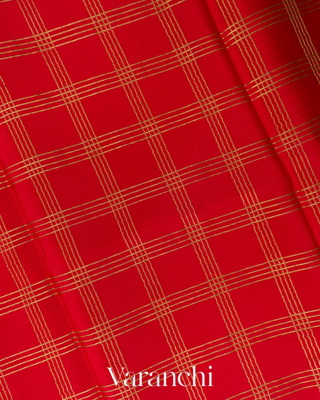 Bright Red Checkered Pure Mysore Crepe Silk Saree
