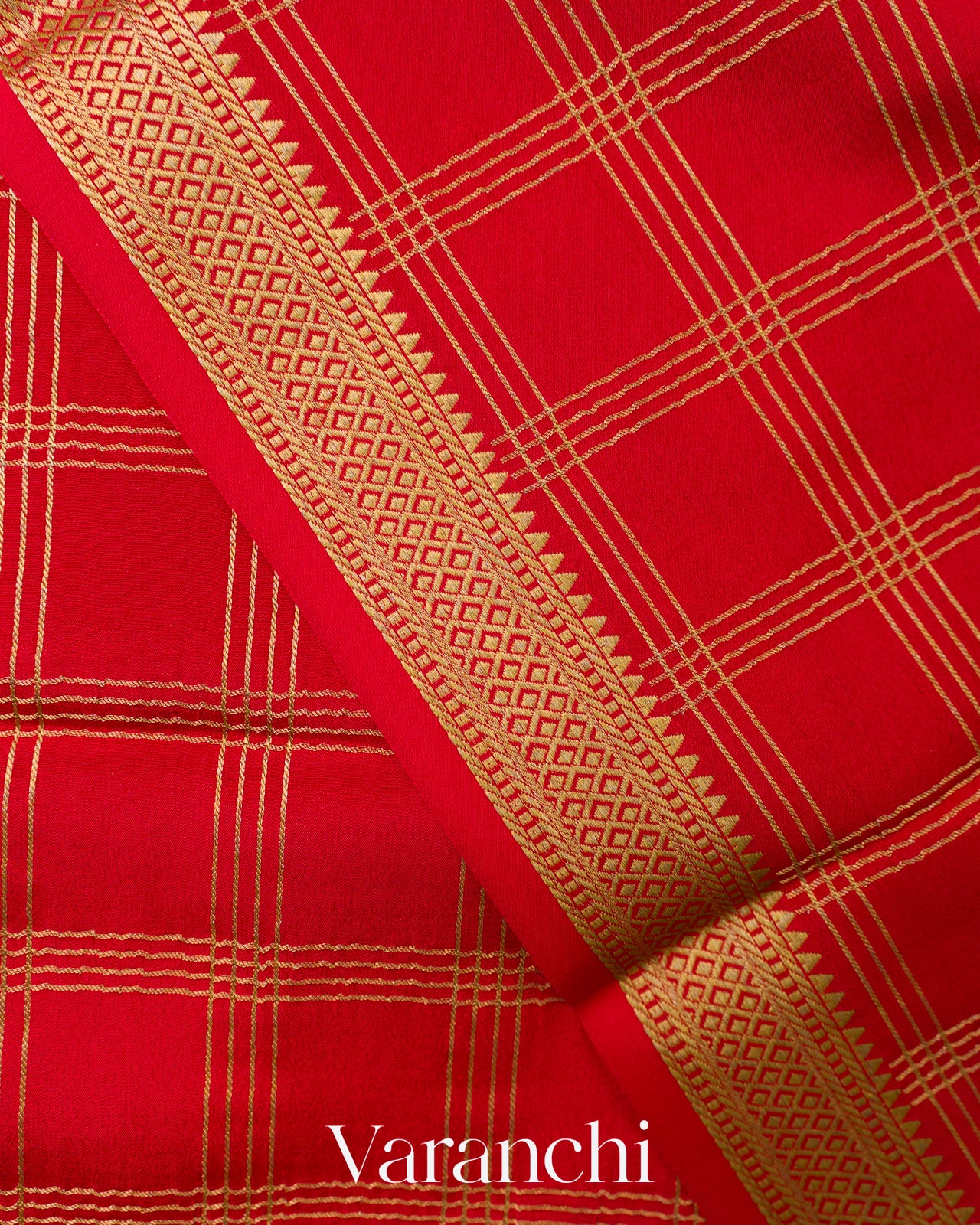 Bright Red Checkered Pure Mysore Crepe Silk Saree
