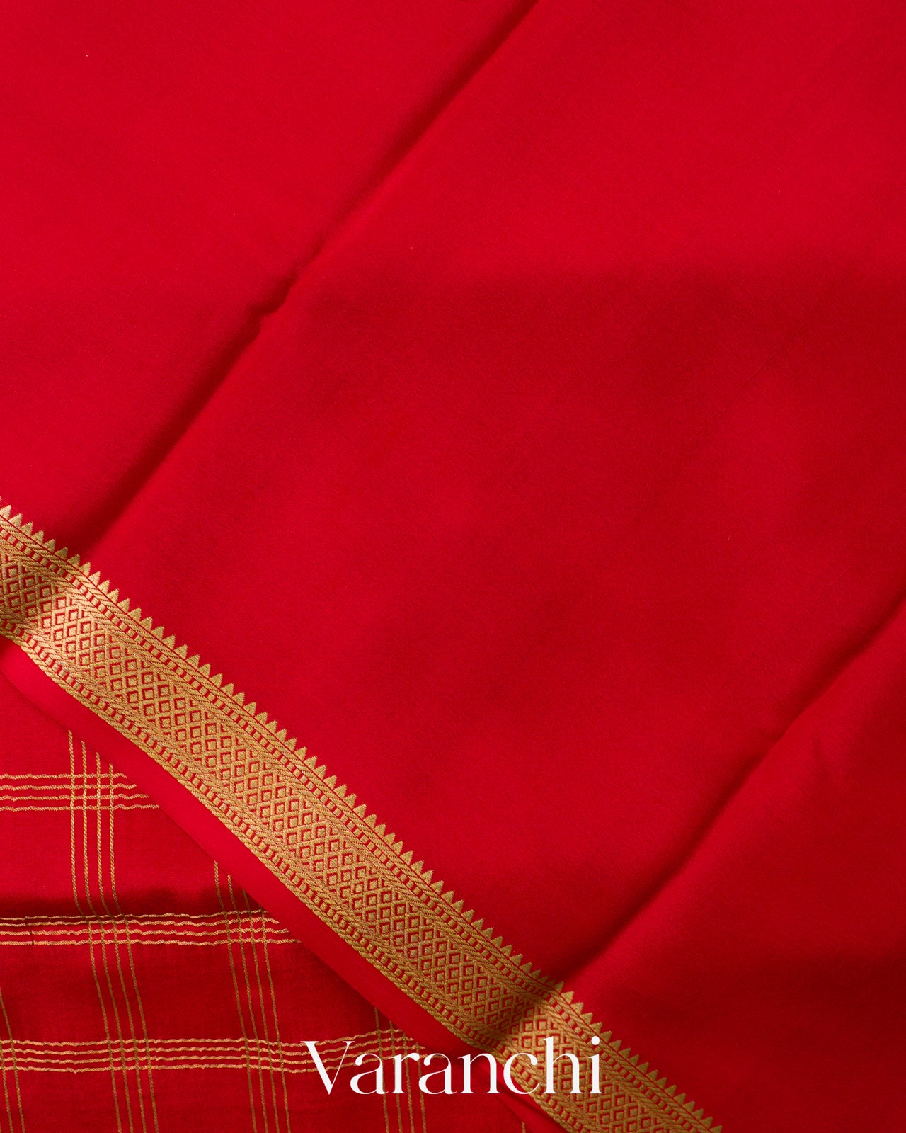 Bright Red Checkered Pure Mysore Crepe Silk Saree