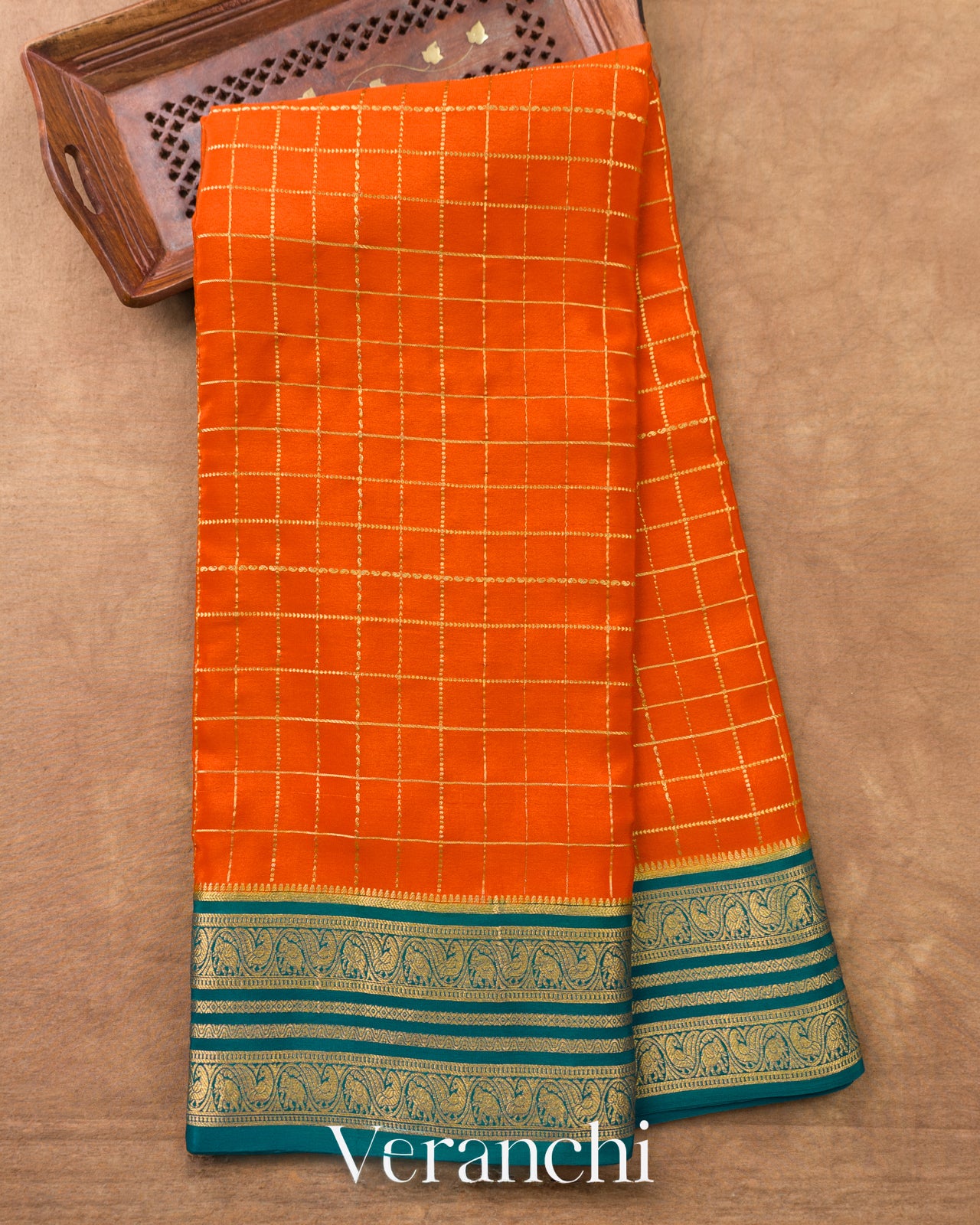 Tangerine Orange Checkered Pure Mysore Crepe Silk Saree