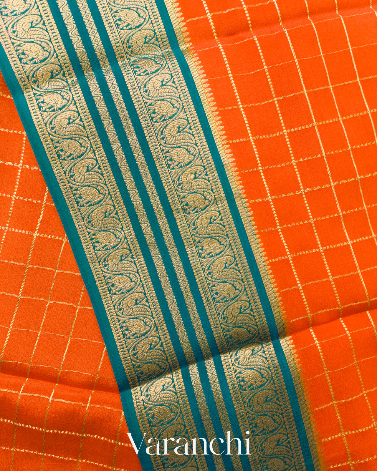 Tangerine Orange Checkered Pure Mysore Crepe Silk Saree