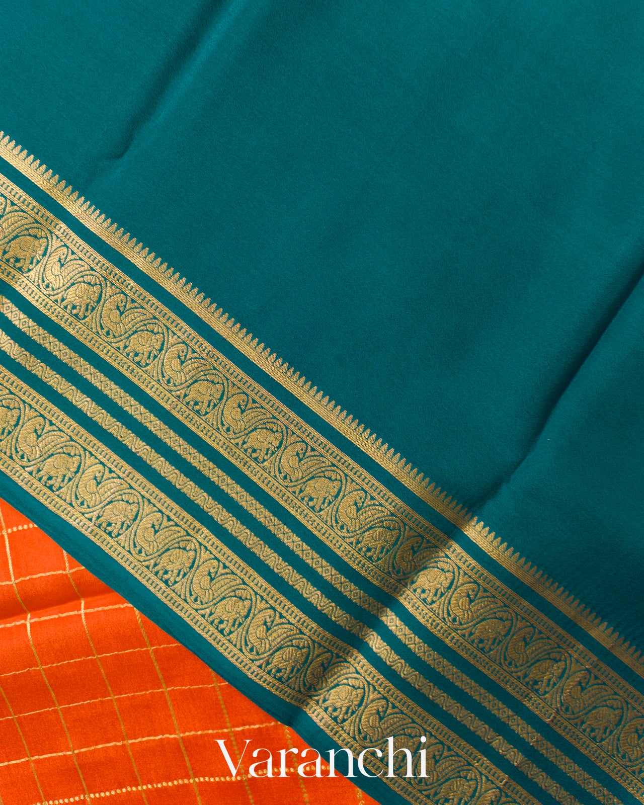 Tangerine Orange Checkered Pure Mysore Crepe Silk Saree