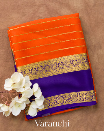 Bright Orange Striped Pure Mysore Crepe Silk Saree