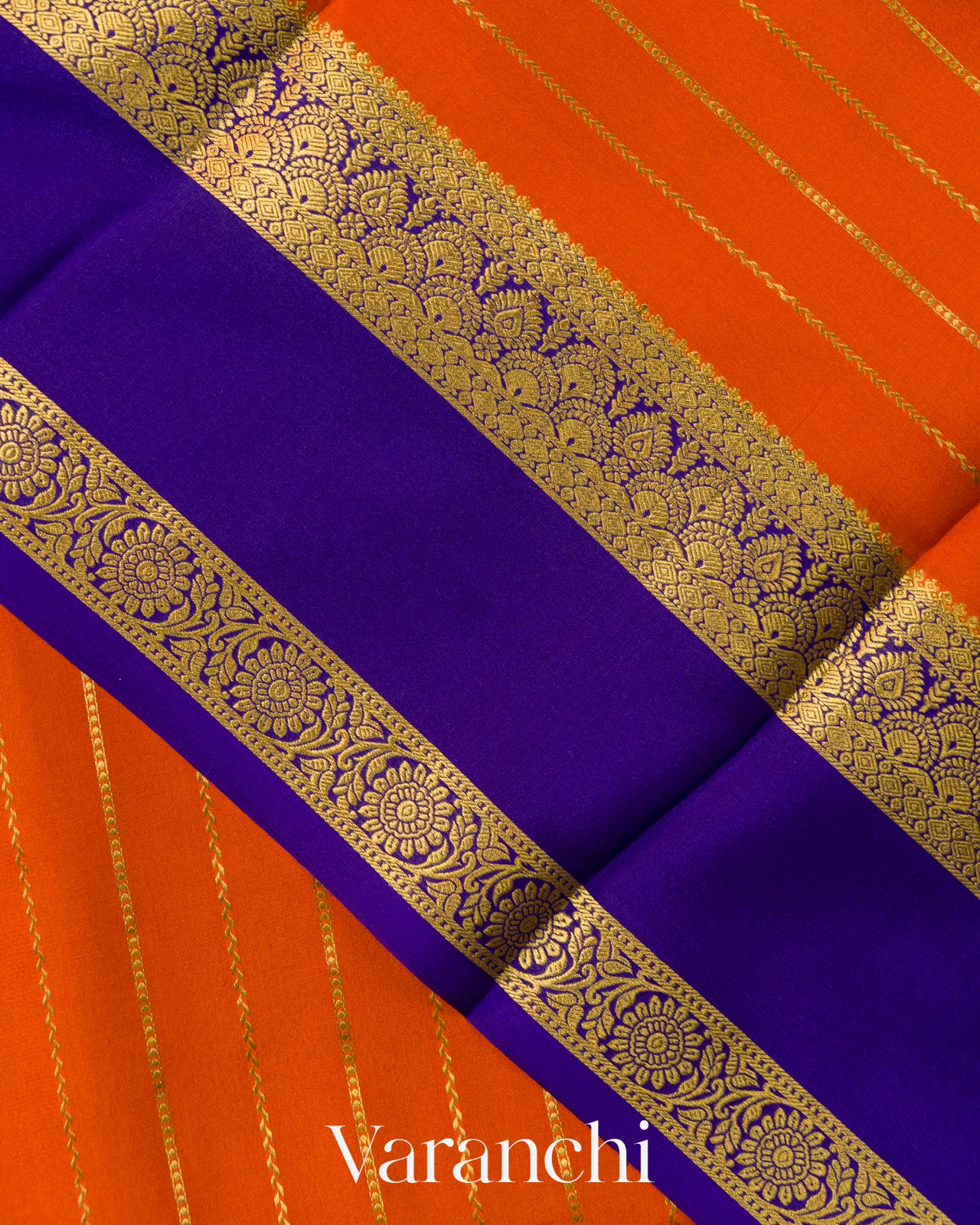 Bright Orange Striped Pure Mysore Crepe Silk Saree