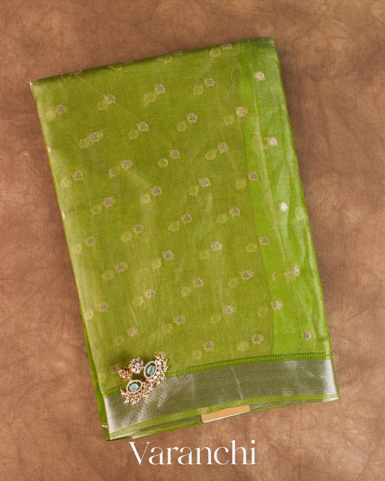 Parrot Green Tissue Pure Kora Silk Saree