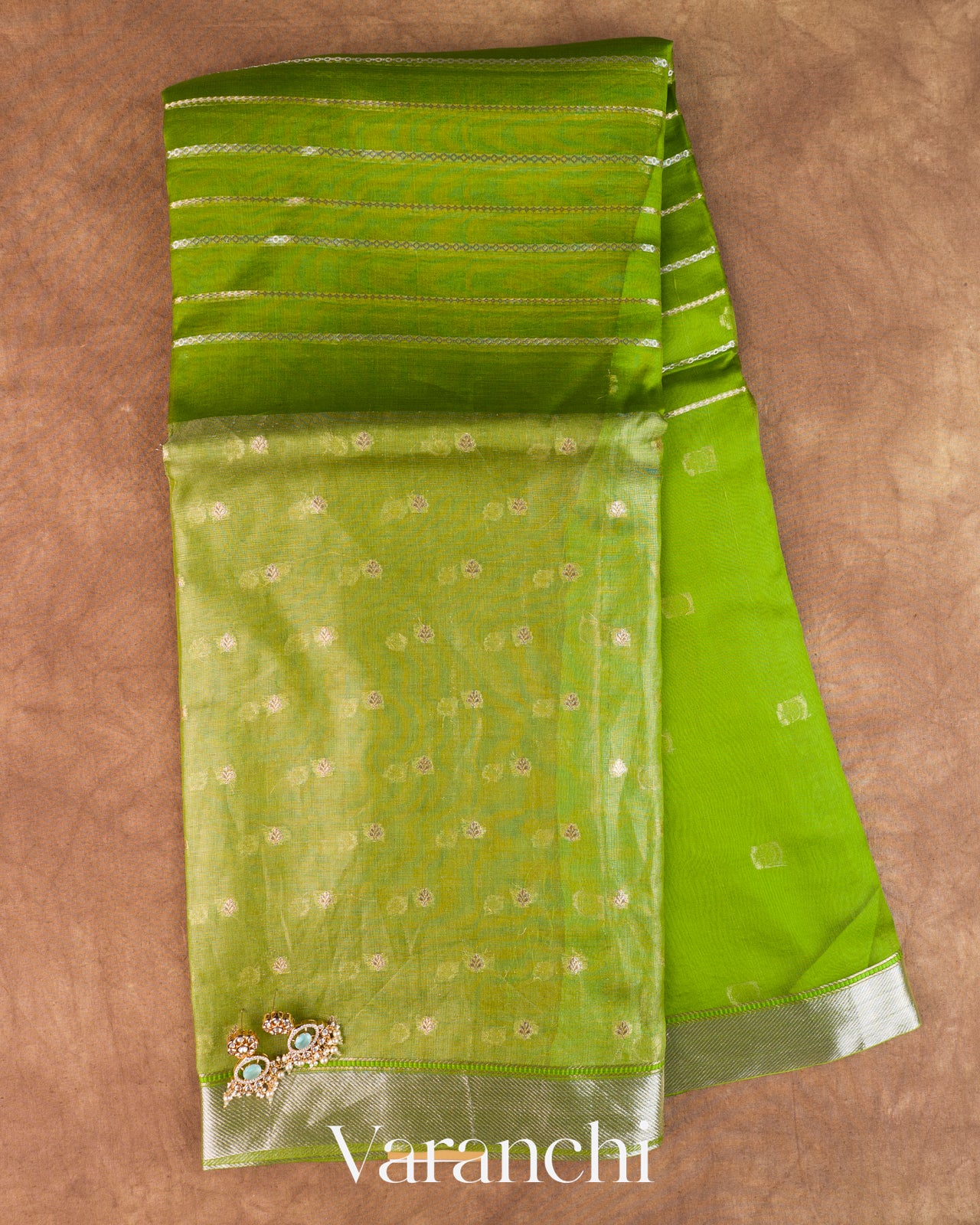 Parrot Green Tissue Pure Kora Silk Saree