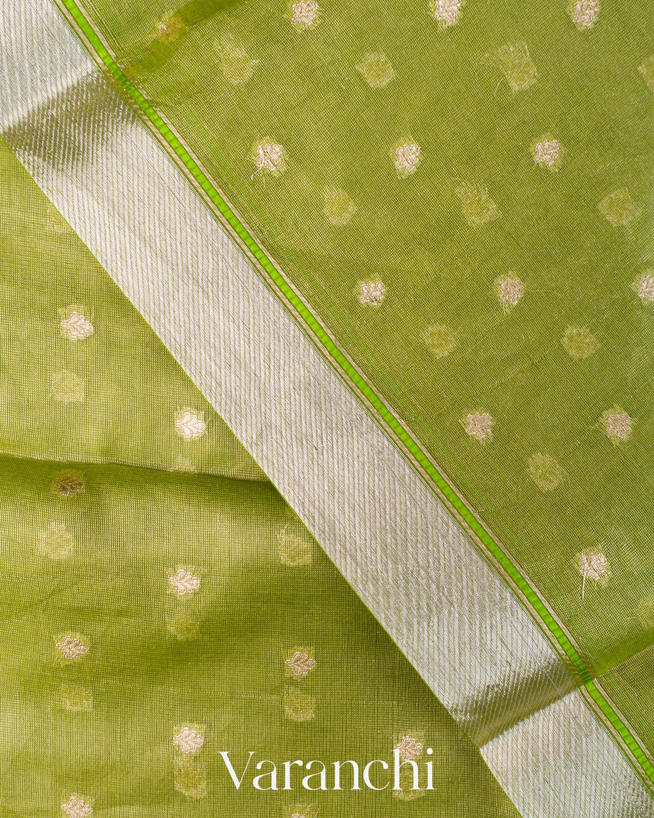 Parrot Green Tissue Pure Kora Silk Saree