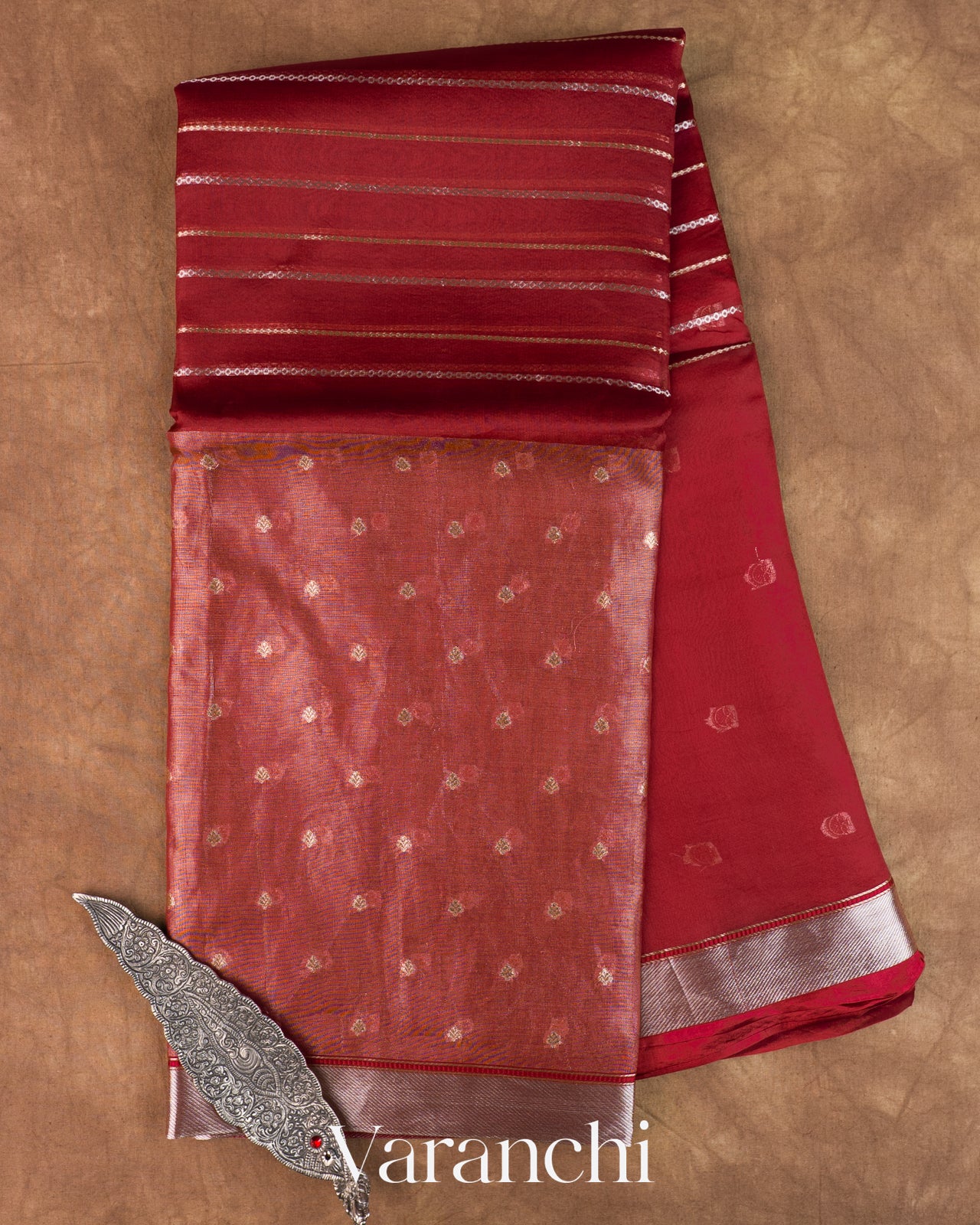 Maroon Tissue Pure Kora Silk Saree