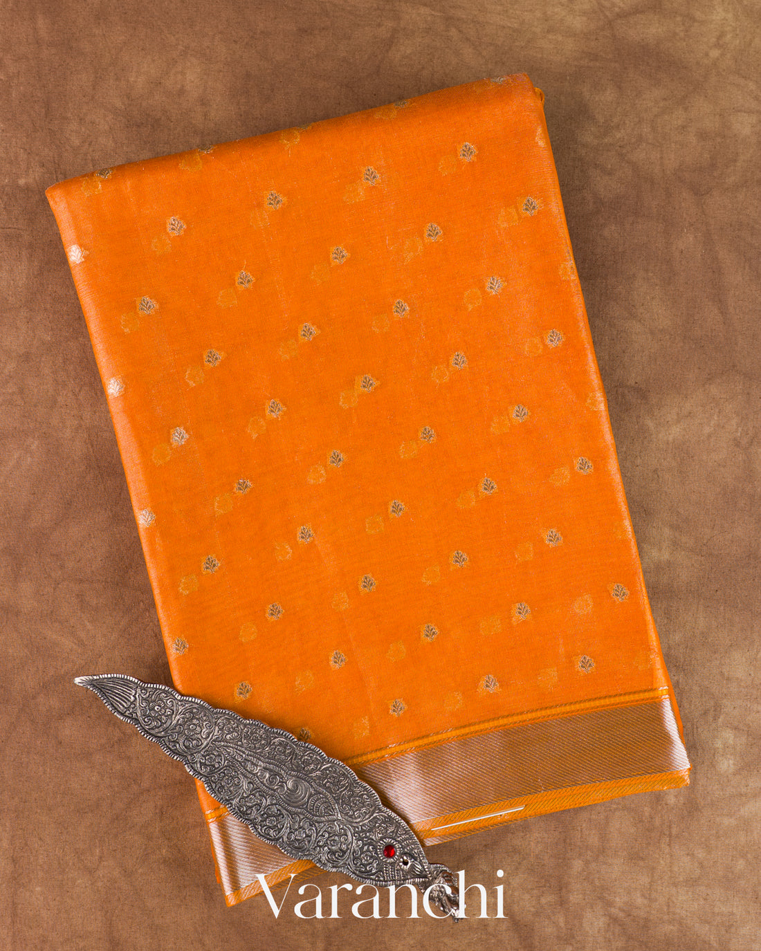 Bright Orange Tissue Pure Kora Silk Saree