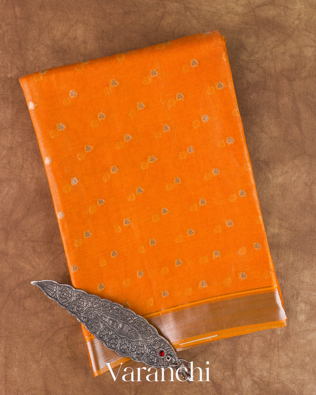Bright Orange Tissue Pure Kora Silk Saree