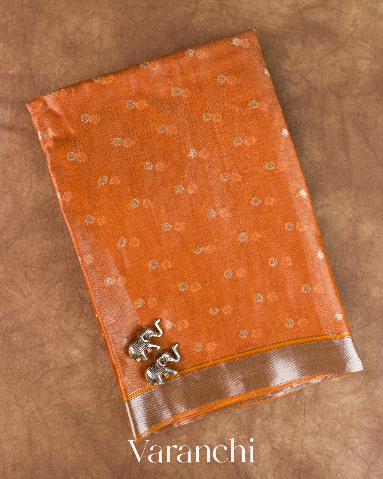 Burnt Orange Tissue Pure Kora Silk Saree
